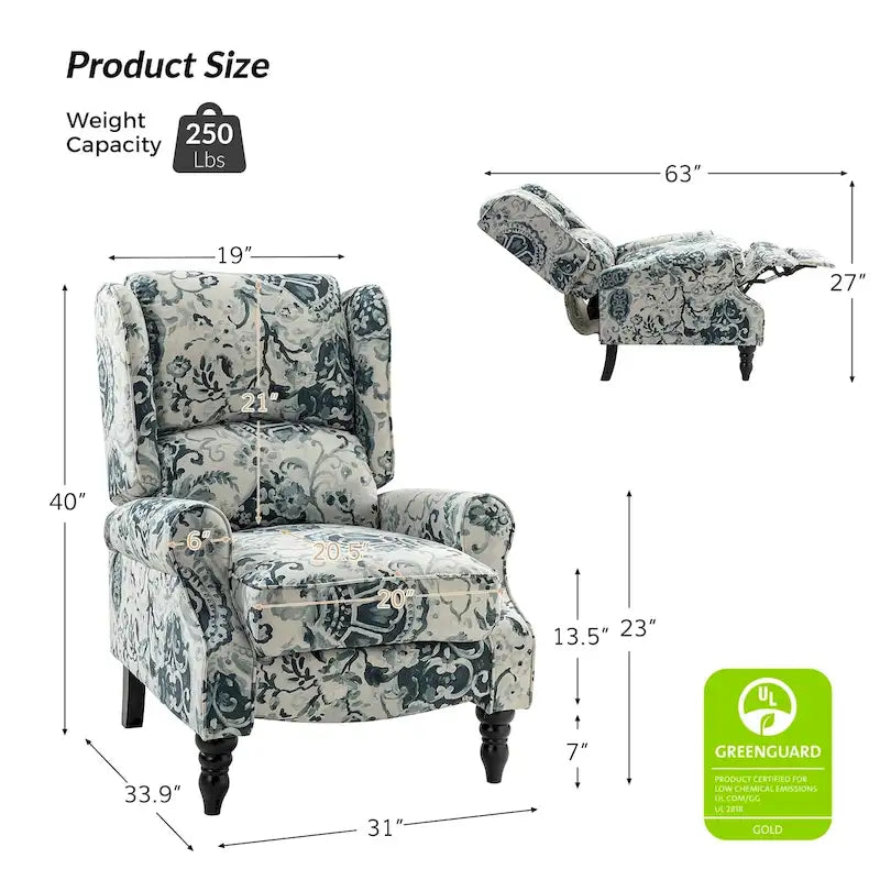 Fauteuil inclinable classique à oreilles manuel avec pieds en bois massif