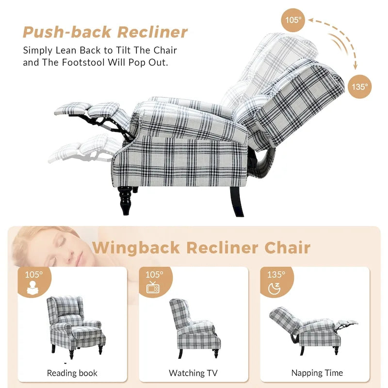 Fauteuil inclinable classique à oreilles manuel avec pieds en bois massif
