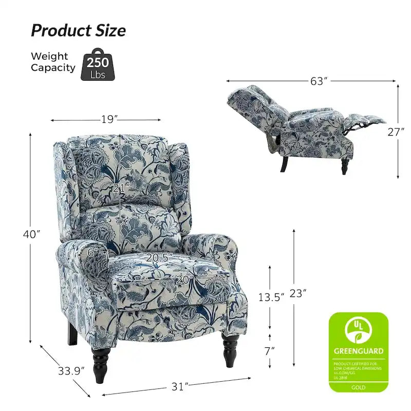 Fauteuil inclinable classique à oreilles manuel avec pieds en bois massif