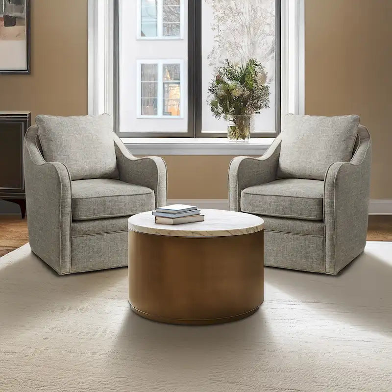 Fauteuil pivotant tapissé en tissu avec accoudoirs incurvés