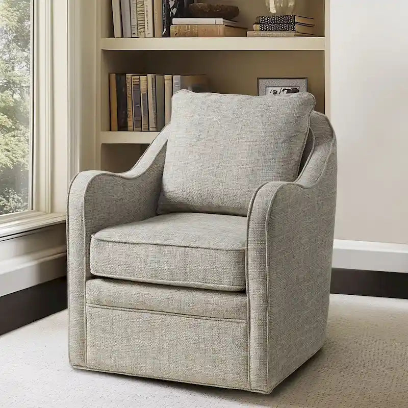 Fauteuil pivotant tapissé en tissu avec accoudoirs incurvés