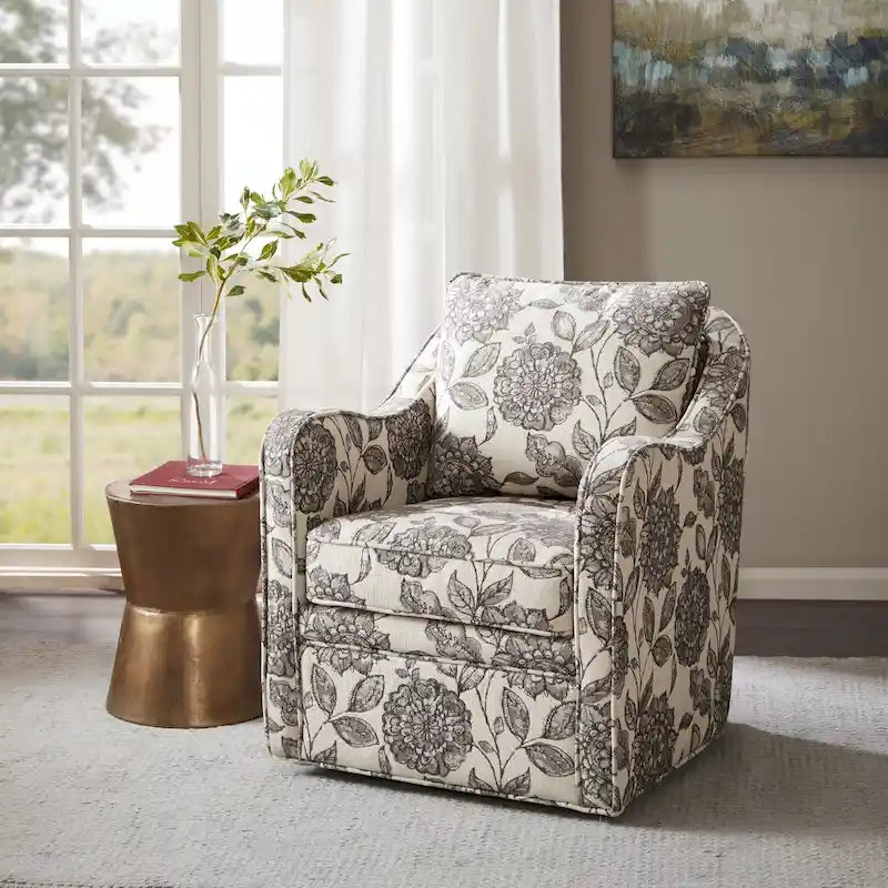 Fauteuil pivotant tapissé en tissu avec accoudoirs incurvés