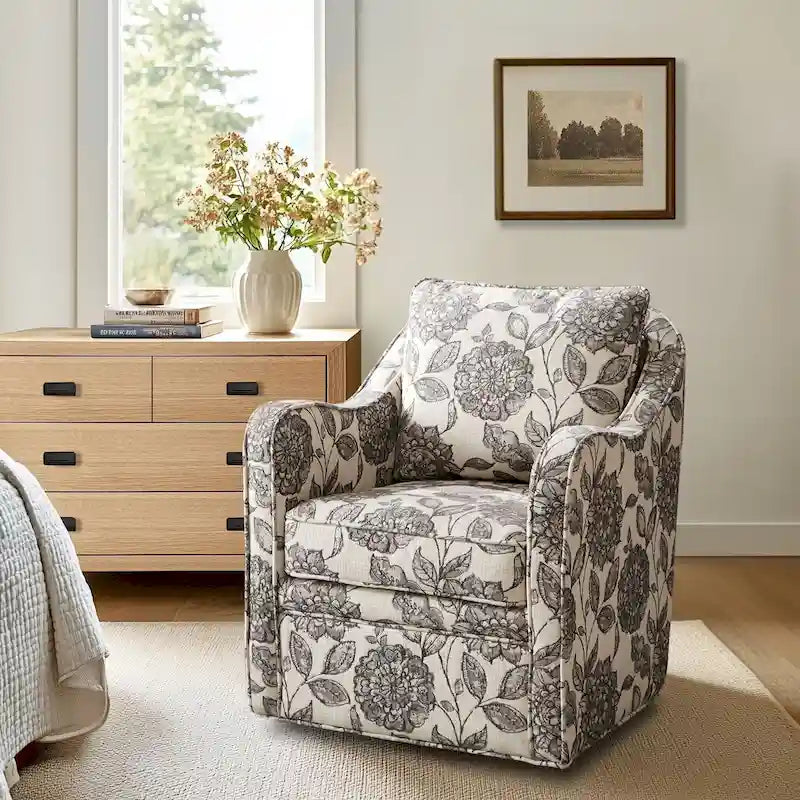 Fauteuil pivotant tapissé en tissu avec accoudoirs incurvés