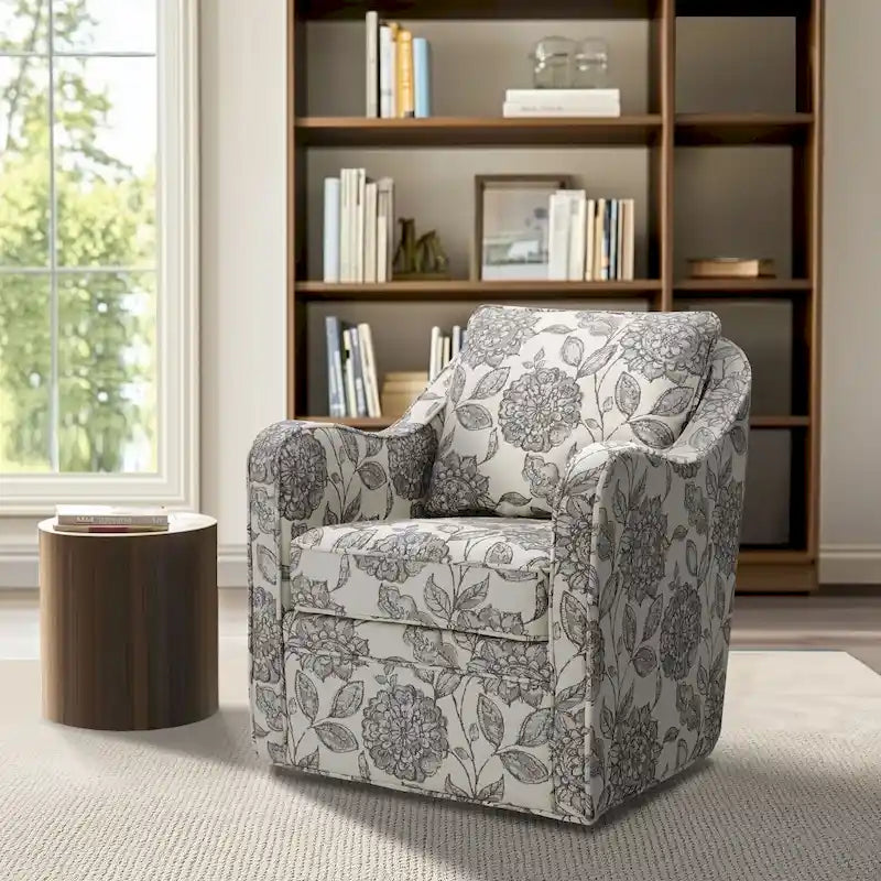 Fauteuil pivotant tapissé en tissu avec accoudoirs incurvés