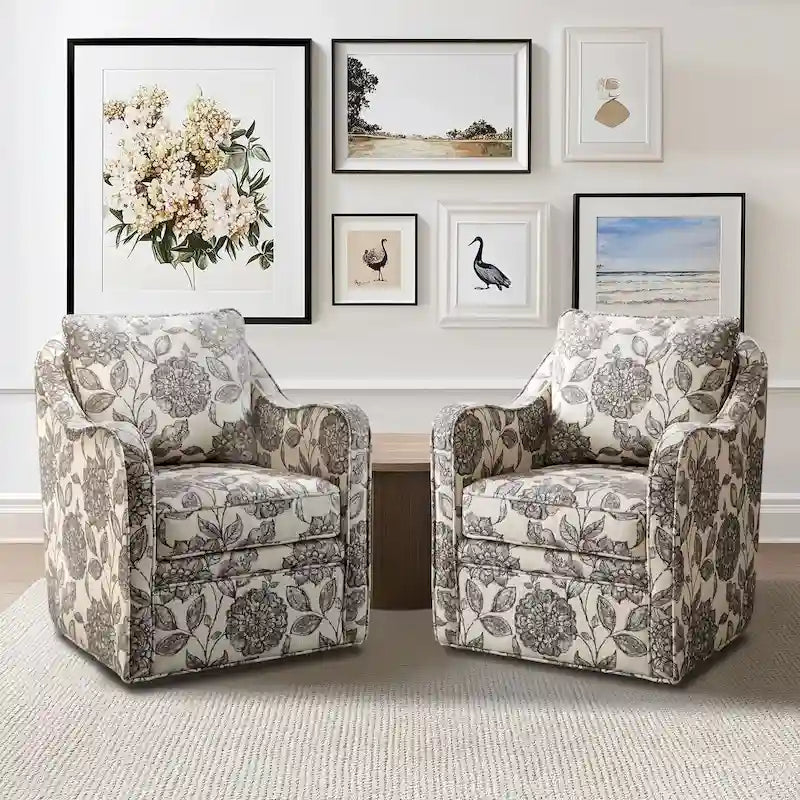 Fauteuil pivotant tapissé en tissu avec accoudoirs incurvés