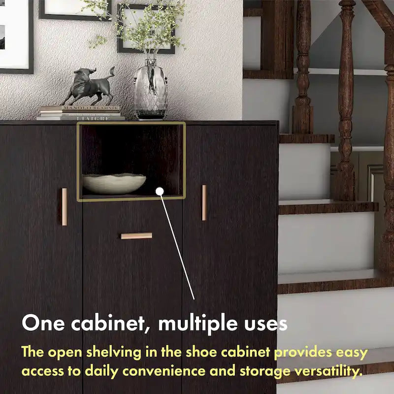 Meuble à chaussures double avec étagères réglables et poignées métalliques