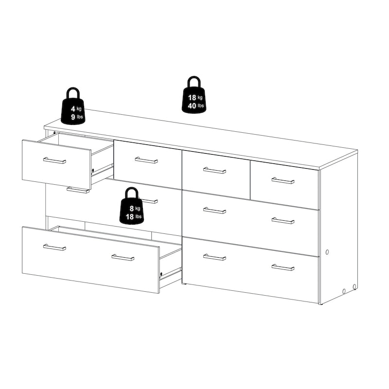Commode double Porch & Den Space à 8 tiroirs, structure en chêne et blanc