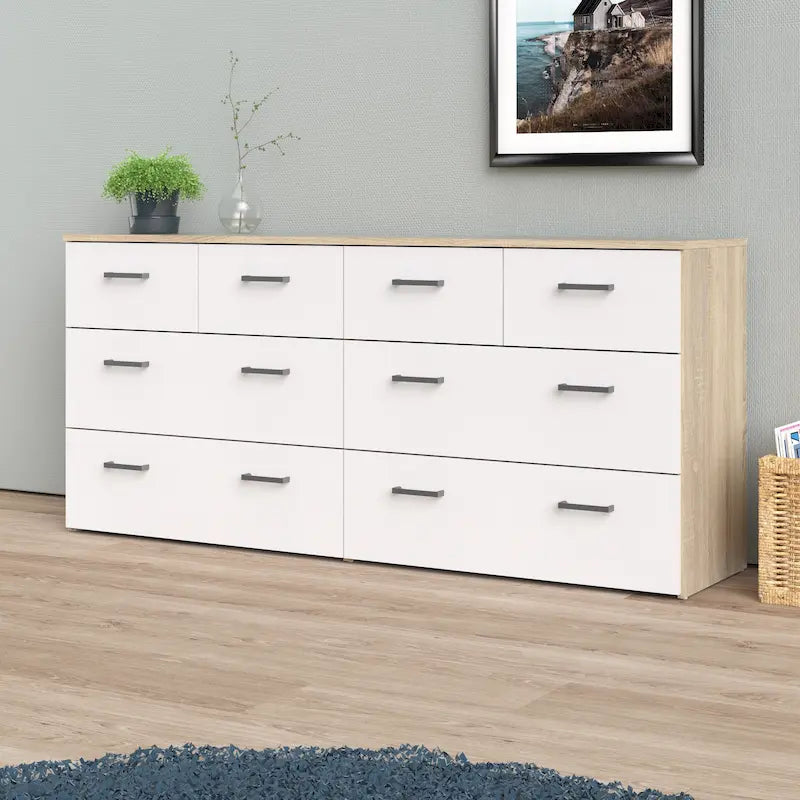 Commode double Porch & Den Space à 8 tiroirs, structure en chêne et blanc