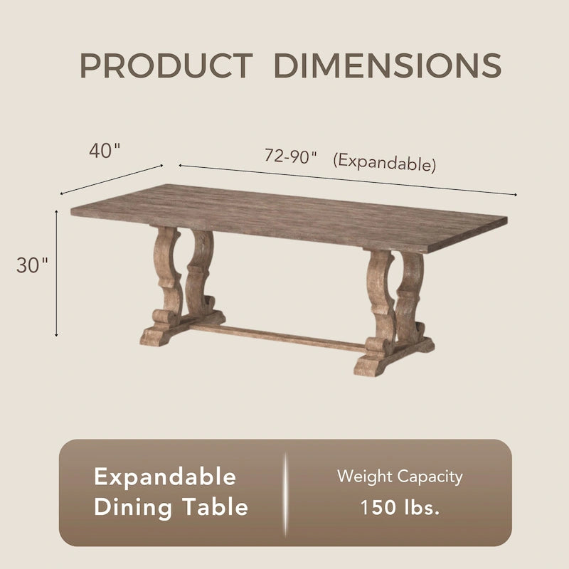 Table à manger extensible en bois massif rustique de 90 pouces