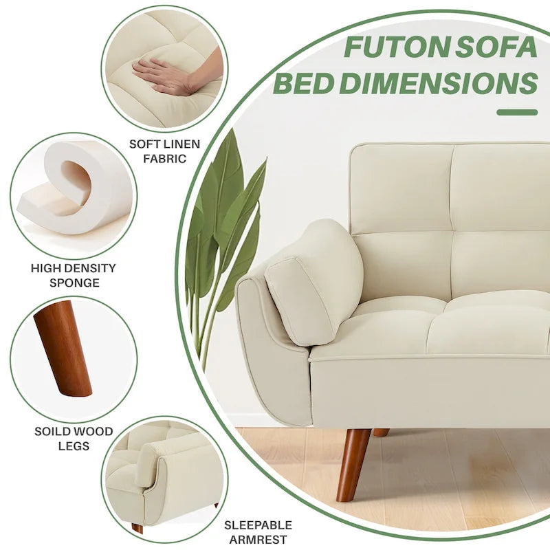 75,39  Canapé-lit futon, canapé futon convertible pliable avec dossier inclinable pour salon avec 2 oreillers/accoudoirs