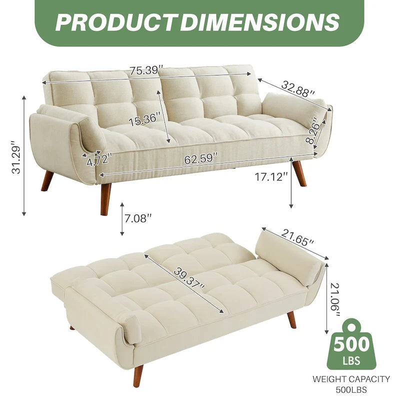 75,39  Canapé-lit futon, canapé futon convertible pliable avec dossier inclinable pour salon avec 2 oreillers/accoudoirs