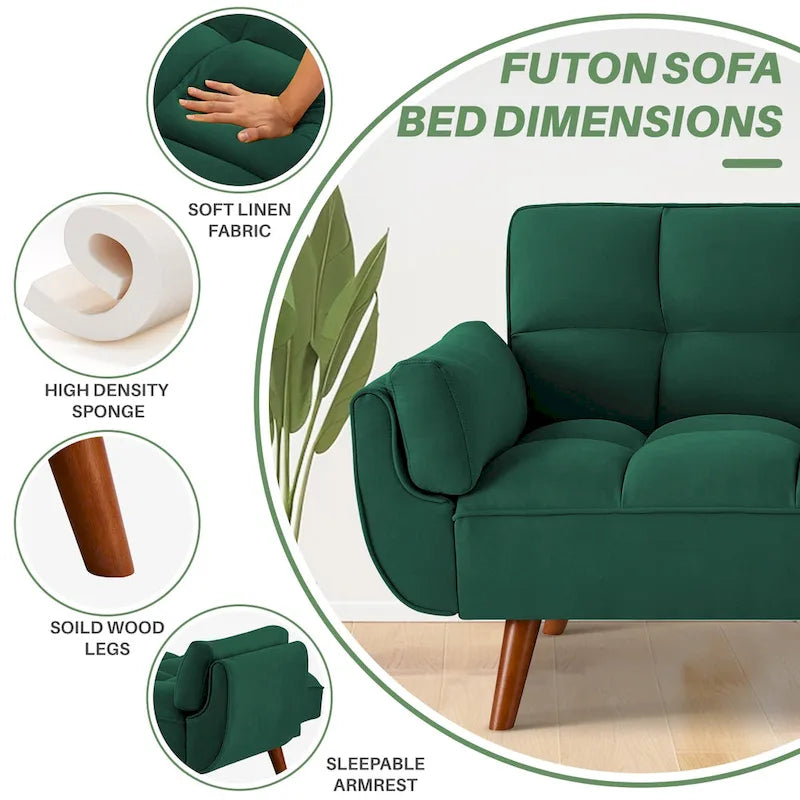 75,39  Canapé-lit futon, canapé futon convertible pliable avec dossier inclinable pour salon avec 2 oreillers/accoudoirs