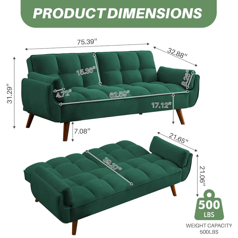 75,39  Canapé-lit futon, canapé futon convertible pliable avec dossier inclinable pour salon avec 2 oreillers/accoudoirs