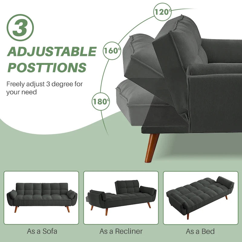 75,39  Canapé-lit futon, canapé futon convertible pliable avec dossier inclinable pour salon avec 2 oreillers/accoudoirs