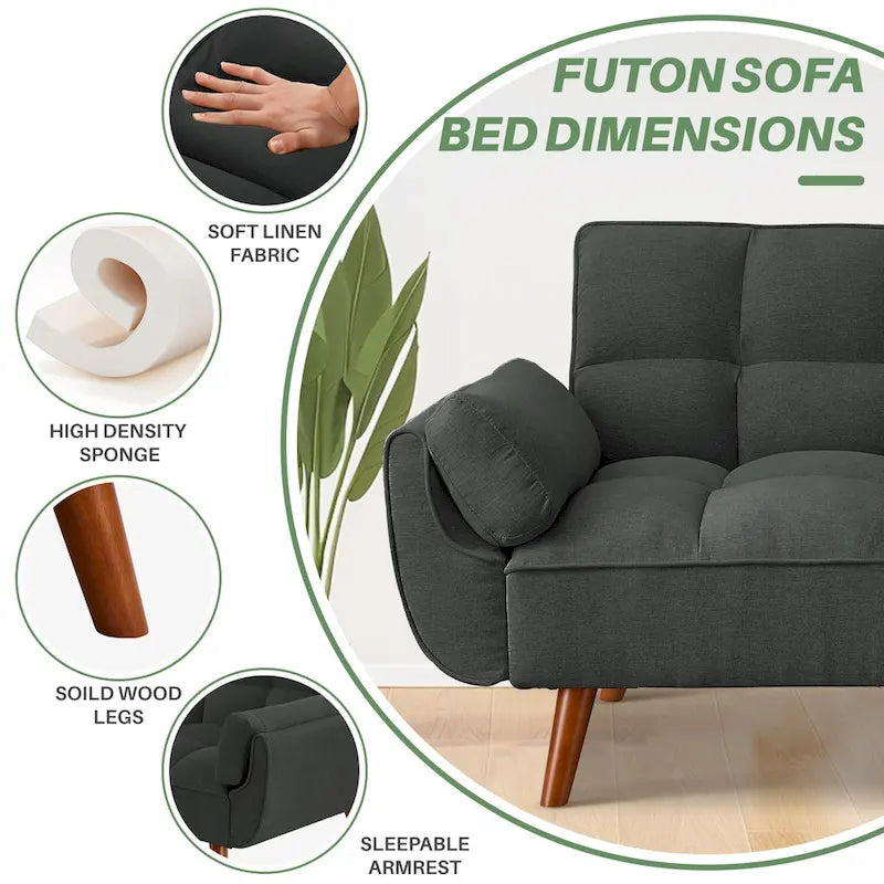 75,39  Canapé-lit futon, canapé futon convertible pliable avec dossier inclinable pour salon avec 2 oreillers/accoudoirs