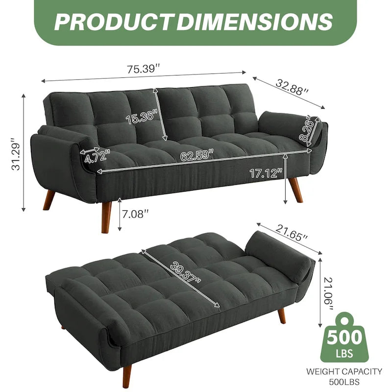 75,39  Canapé-lit futon, canapé futon convertible pliable avec dossier inclinable pour salon avec 2 oreillers/accoudoirs