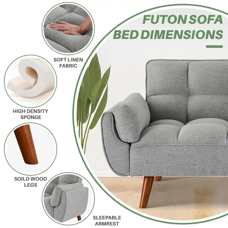 75,39  Canapé-lit futon, canapé futon convertible pliable avec dossier inclinable pour salon avec 2 oreillers/accoudoirs