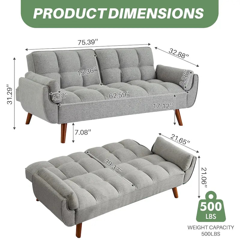75,39  Canapé-lit futon, canapé futon convertible pliable avec dossier inclinable pour salon avec 2 oreillers/accoudoirs