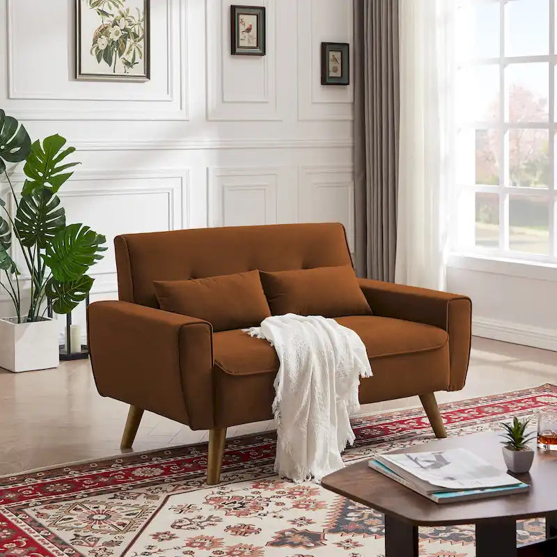 48.82  Small Tufted Loveseat Sofa with 2 Pillows and Tapered Wood Legs