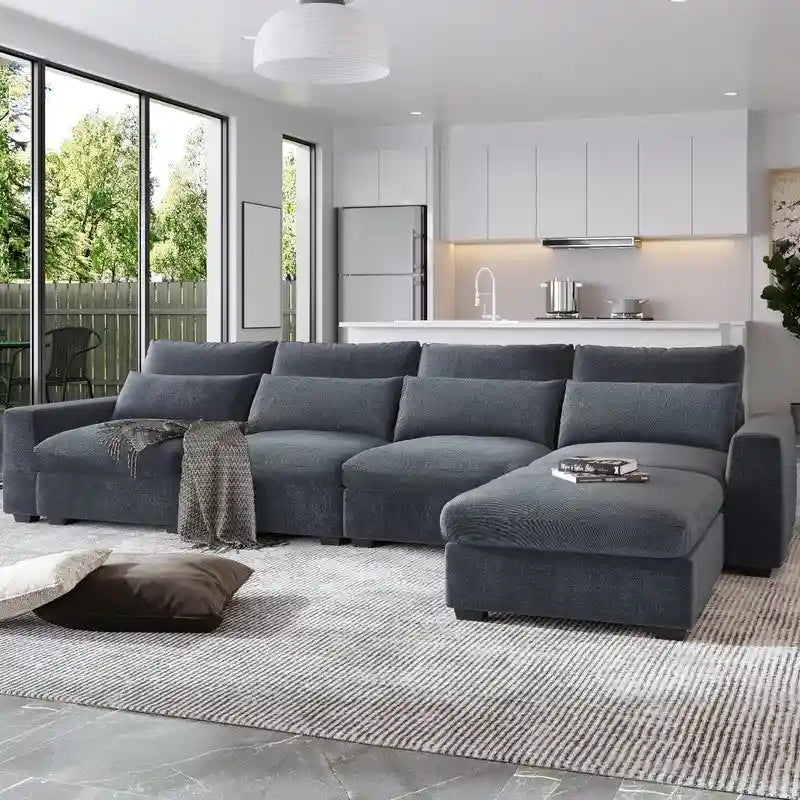 Modern Convertible L-Shaped Linen Feather Filled Reversible Sectional Sofa