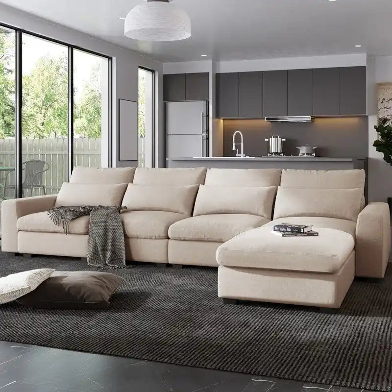 Canapé d'angle en lin rembourré de plumes avec assise relevable