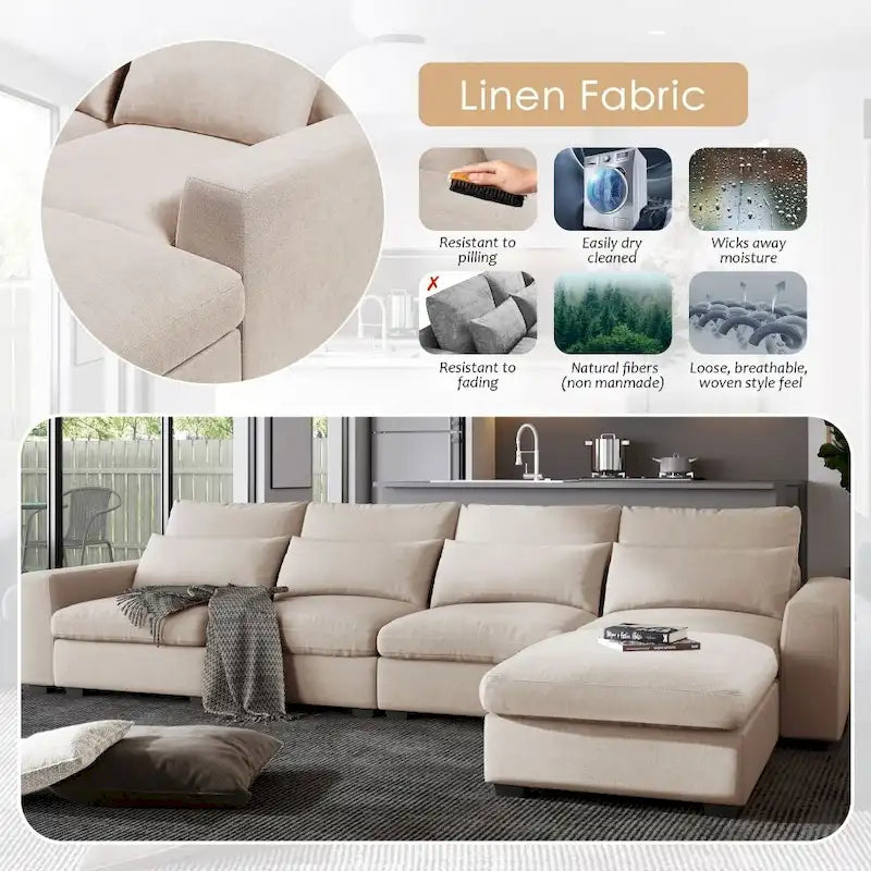 Canapé d'angle en lin rembourré de plumes avec assise relevable
