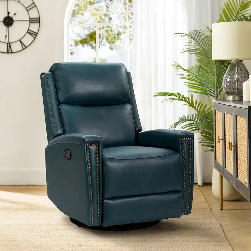 Fauteuil à bascule et pivotant à oreilles en cuir véritable moderne avec des embellissements cloutés