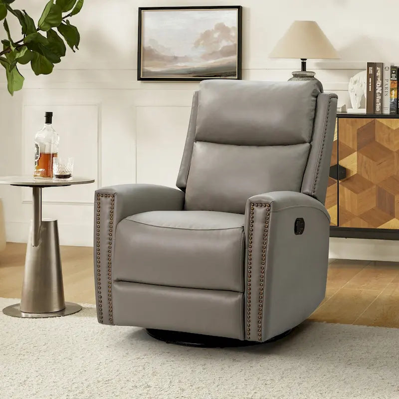 Fauteuil à bascule et pivotant à oreilles en cuir véritable moderne avec des embellissements cloutés