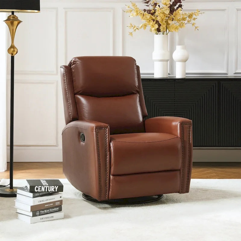 Fauteuil à bascule et pivotant à oreilles en cuir véritable moderne avec des embellissements cloutés