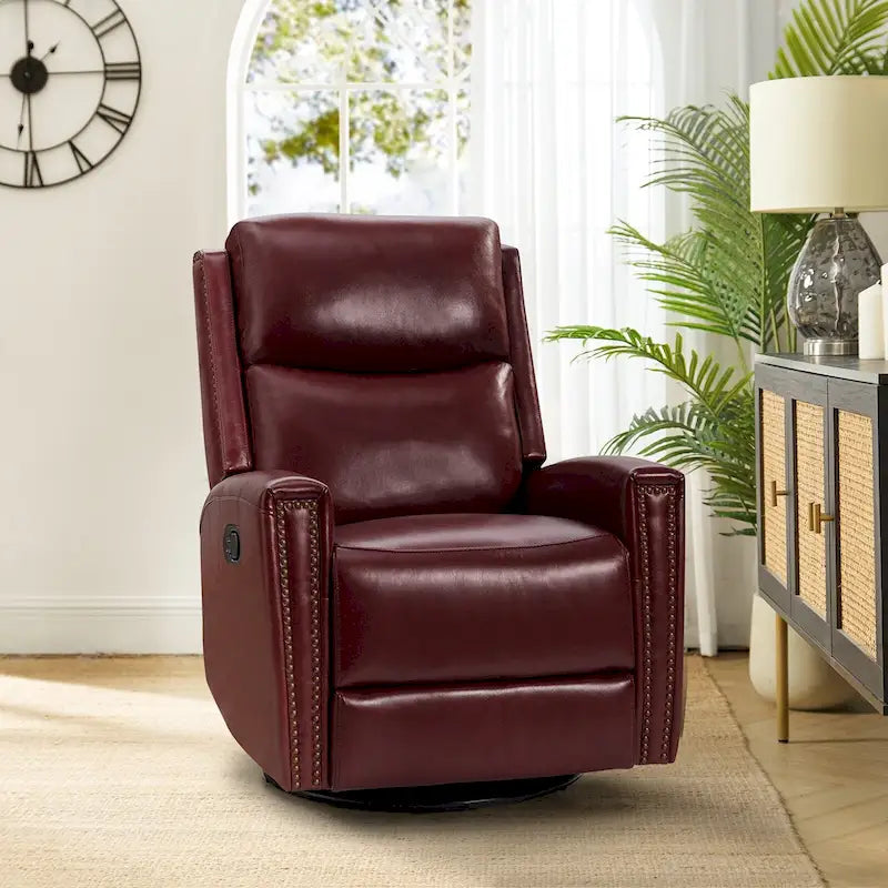 Fauteuil à bascule et pivotant à oreilles en cuir véritable moderne avec des embellissements cloutés