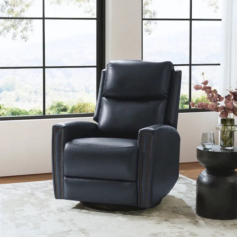 Fauteuil à bascule et pivotant à oreilles en cuir véritable moderne avec des embellissements cloutés
