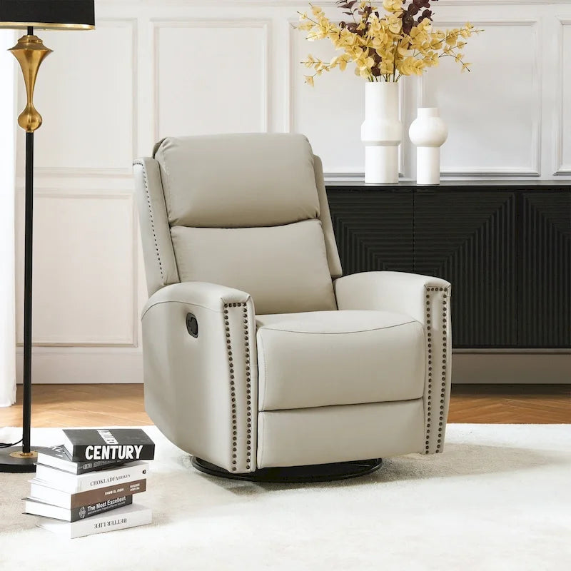 Fauteuil à bascule et pivotant à oreilles en cuir véritable moderne avec des embellissements cloutés