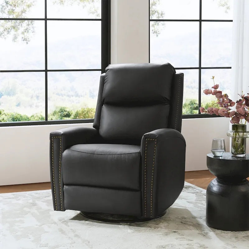 Fauteuil à bascule et pivotant à oreilles en cuir véritable moderne avec des embellissements cloutés