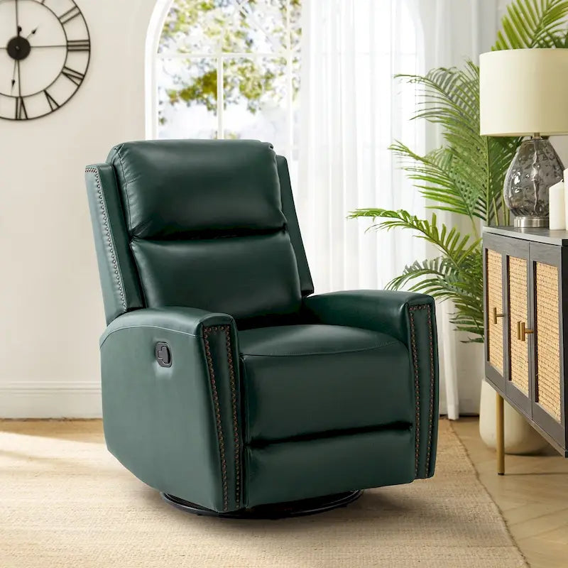 Fauteuil à bascule et pivotant à oreilles en cuir véritable moderne avec des embellissements cloutés