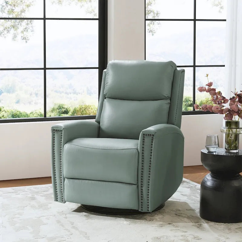 Fauteuil à bascule et pivotant à oreilles en cuir véritable moderne avec des embellissements cloutés