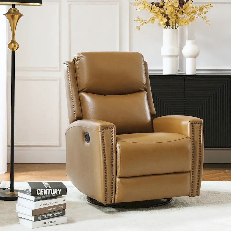 Fauteuil à bascule et pivotant à oreilles en cuir véritable moderne avec des embellissements cloutés