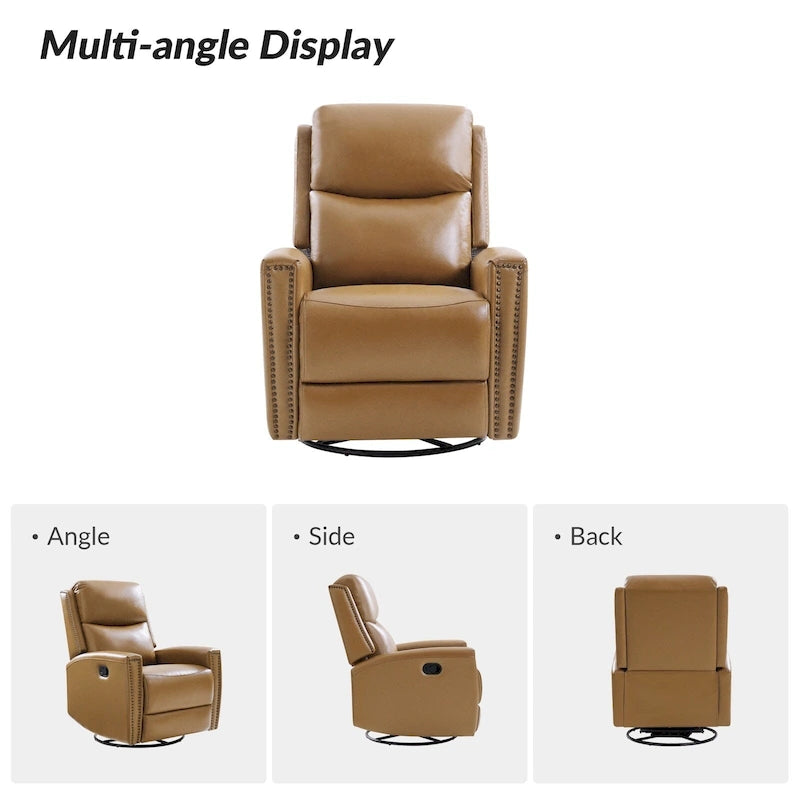 Fauteuil à bascule et pivotant à oreilles en cuir véritable moderne avec des embellissements cloutés
