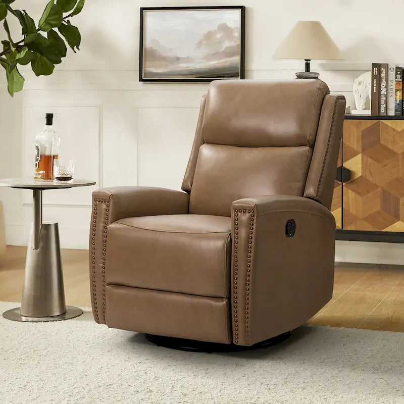 Fauteuil à bascule et pivotant à oreilles en cuir véritable moderne avec des embellissements cloutés