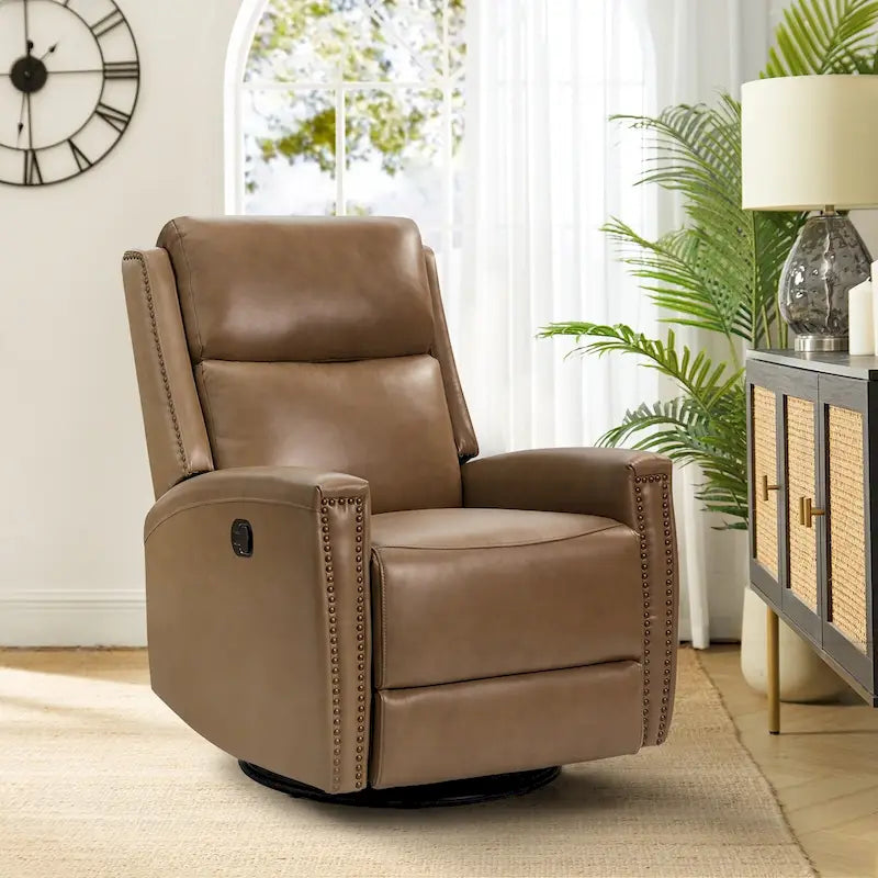 Fauteuil à bascule et pivotant à oreilles en cuir véritable moderne avec des embellissements cloutés