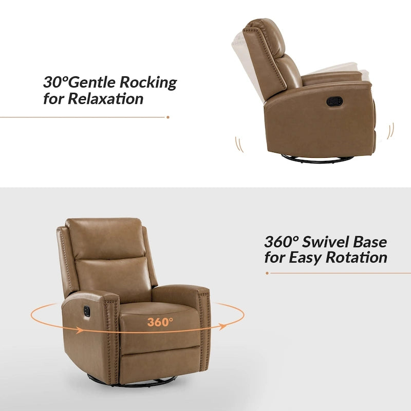 Fauteuil à bascule et pivotant à oreilles en cuir véritable moderne avec des embellissements cloutés