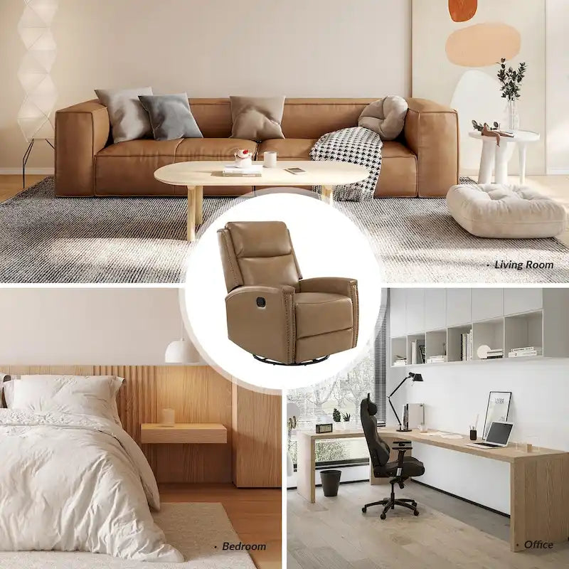 Fauteuil à bascule et pivotant à oreilles en cuir véritable moderne avec des embellissements cloutés