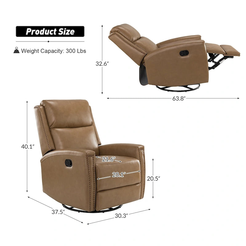 Fauteuil à bascule et pivotant à oreilles en cuir véritable moderne avec des embellissements cloutés