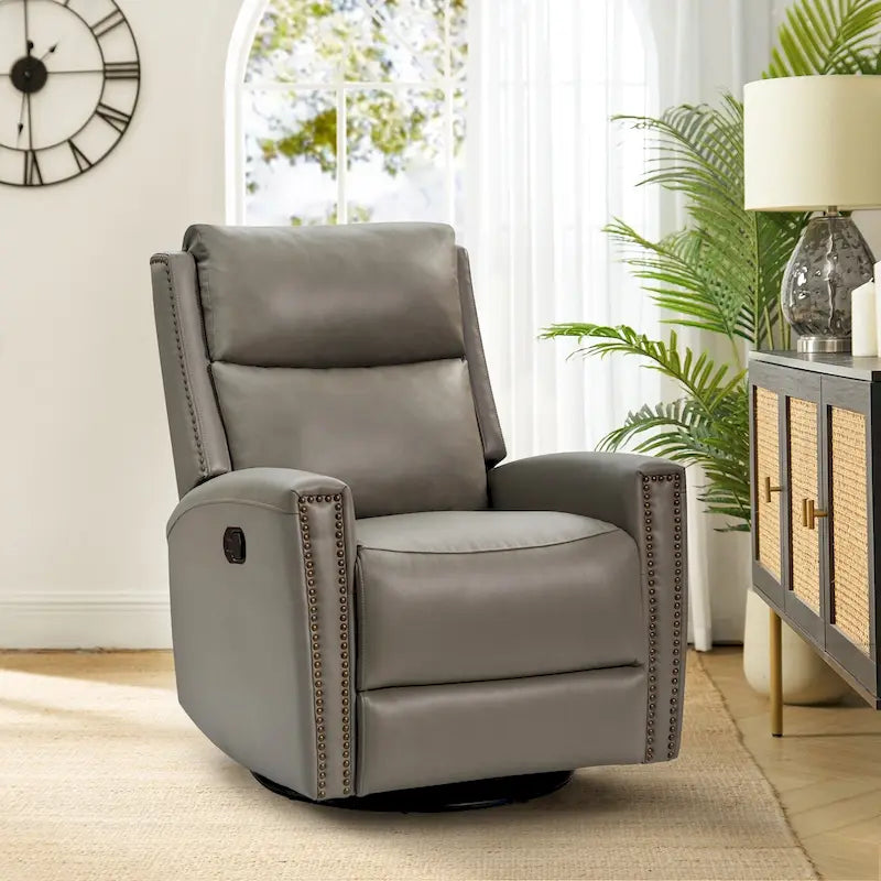 Fauteuil à bascule et pivotant à oreilles en cuir véritable moderne avec des embellissements cloutés