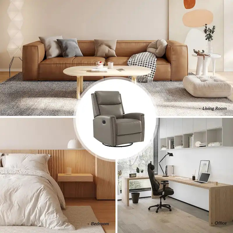 Fauteuil à bascule et pivotant à oreilles en cuir véritable moderne avec des embellissements cloutés