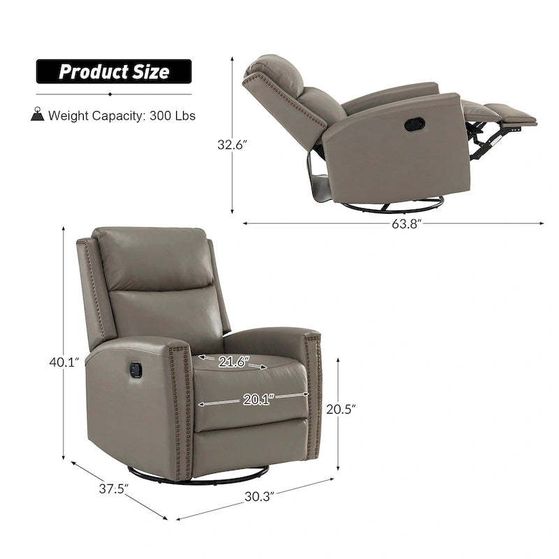 Fauteuil à bascule et pivotant à oreilles en cuir véritable moderne avec des embellissements cloutés