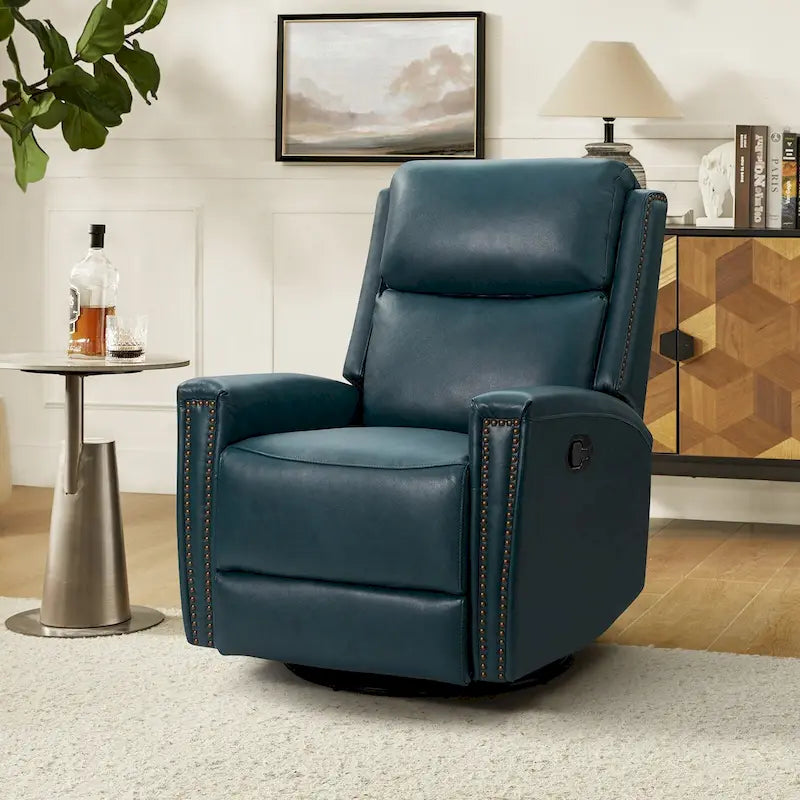 Fauteuil à bascule et pivotant à oreilles en cuir véritable moderne avec des embellissements cloutés