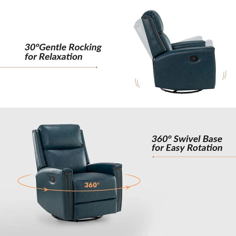 Fauteuil à bascule et pivotant à oreilles en cuir véritable moderne avec des embellissements cloutés