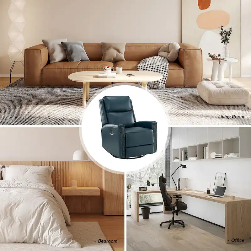 Fauteuil à bascule et pivotant à oreilles en cuir véritable moderne avec des embellissements cloutés