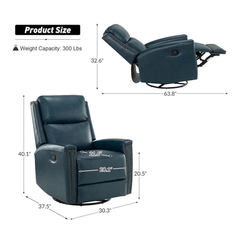 Fauteuil à bascule et pivotant à oreilles en cuir véritable moderne avec des embellissements cloutés