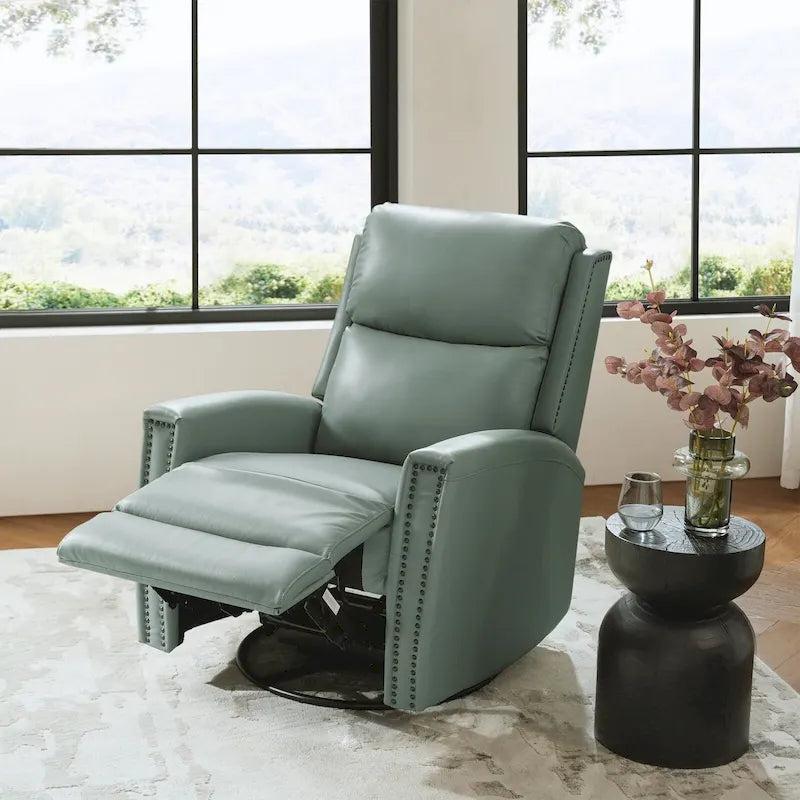 Fauteuil à bascule et pivotant à oreilles en cuir véritable moderne avec des embellissements cloutés